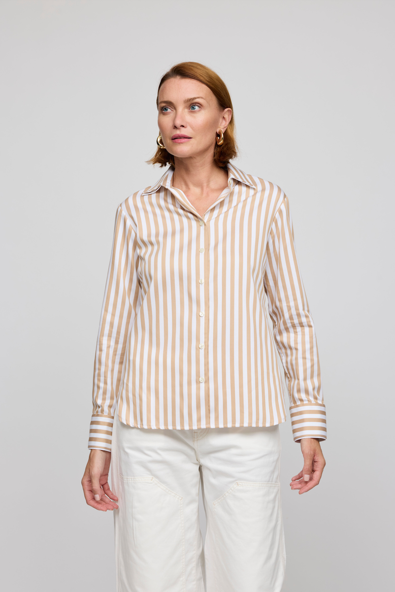 Margot Long Sleeve Stripe Top in Latte/White