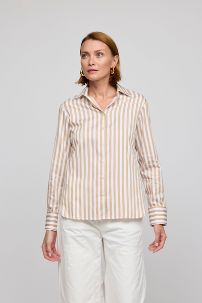 Margot Long Sleeve Stripe Top in Latte/White