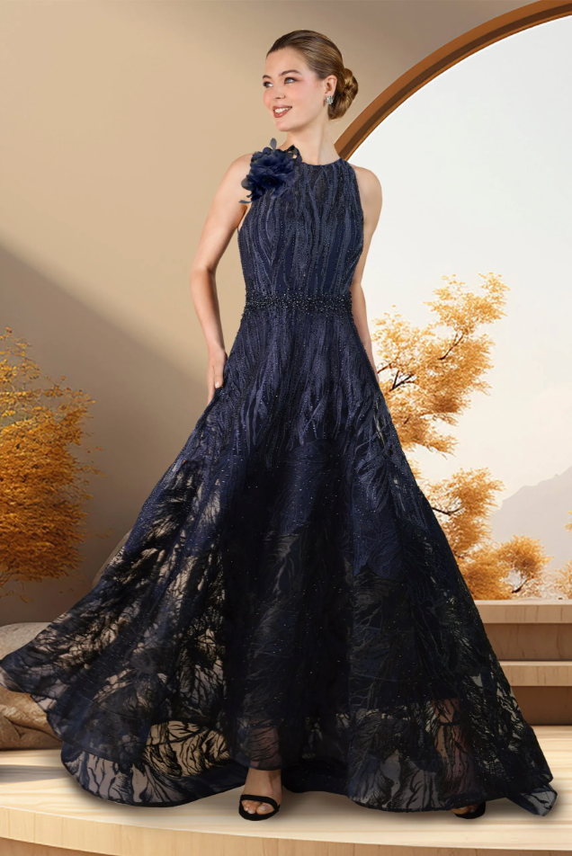 Sleeveless Floral Accent A-Line Gown in Navy