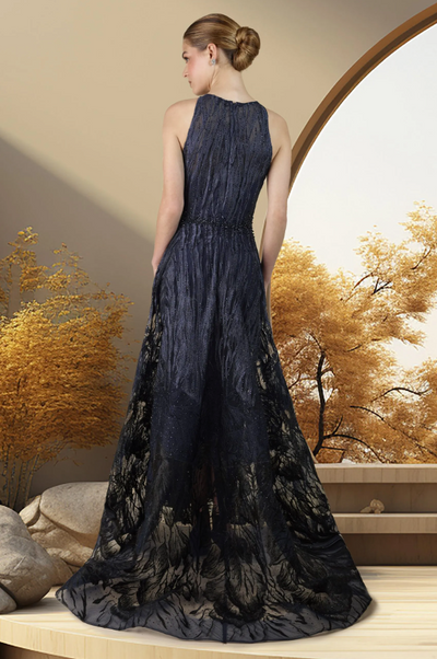 Sleeveless Floral Accent A-Line Gown in Navy