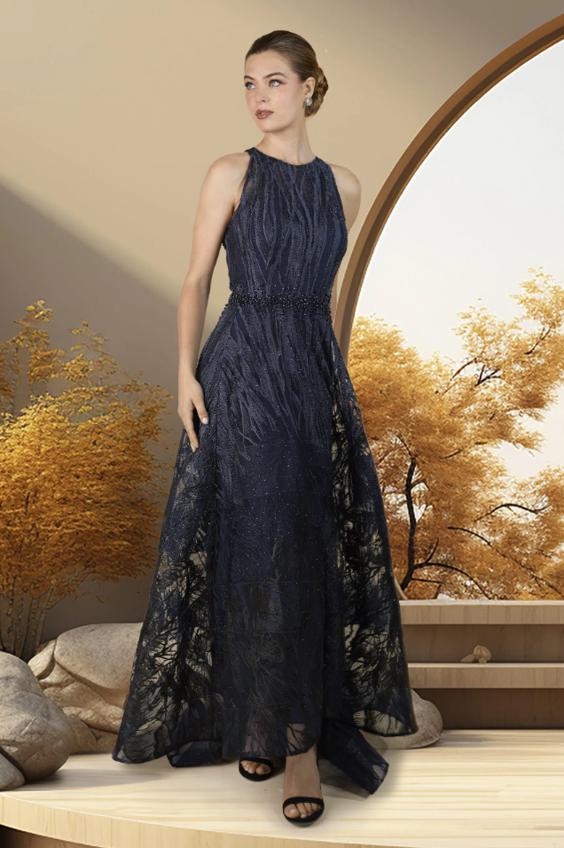 Sleeveless Floral Accent A-Line Gown in Navy