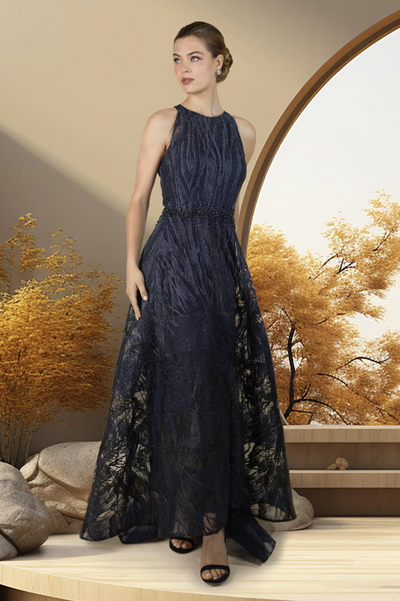 Sleeveless Floral Accent A-Line Gown in Navy