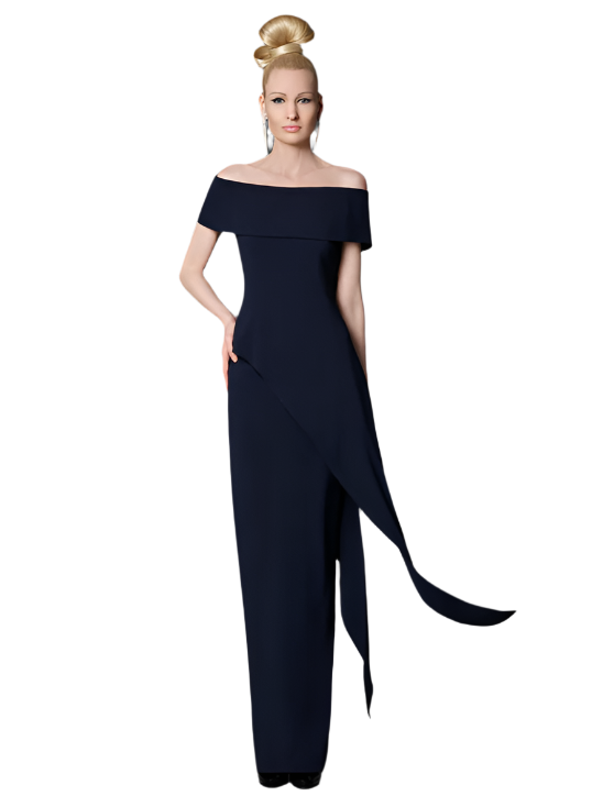 Ultra-Peplum Off Shoulder Gown in Navy