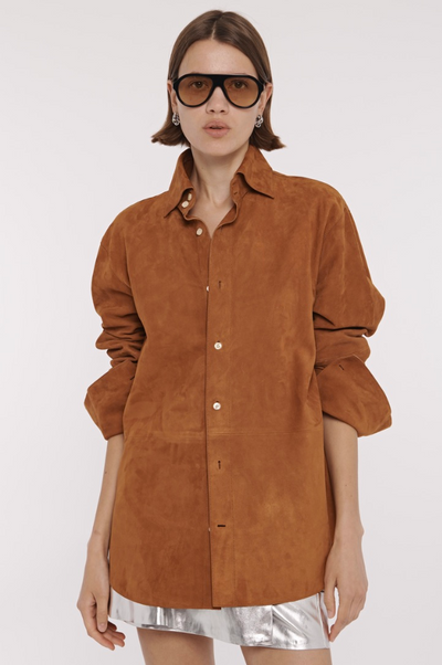 Kali Faux Suede Boyfriend Shirt in Saddle