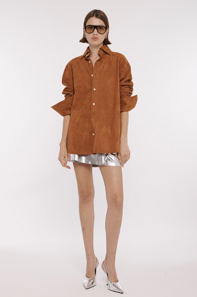 Kali Faux Suede Boyfriend Shirt in Saddle