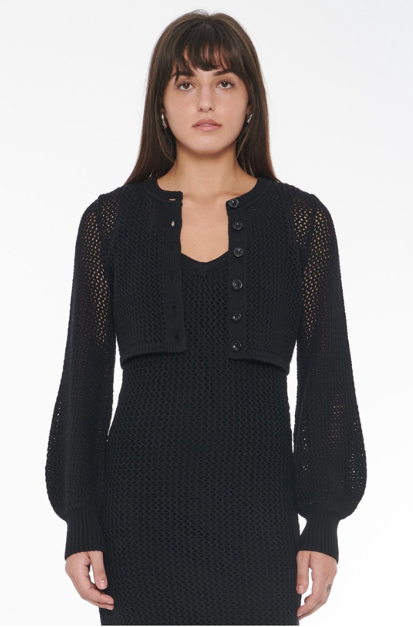 Tori Crochet Blouson Sleeve Cardigan in Jet