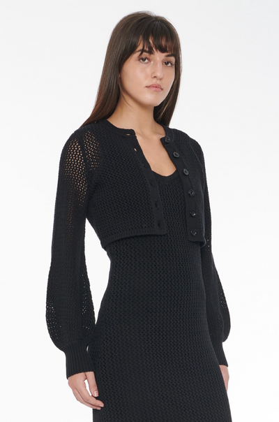 Tori Crochet Blouson Sleeve Cardigan in Jet