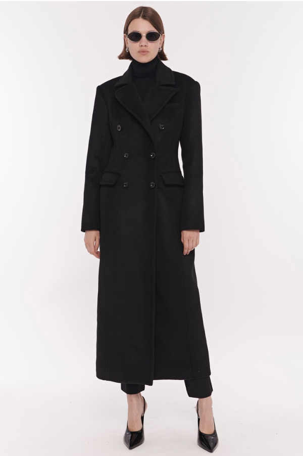 Bria Strong Shoulder Double Breasted Tailored Coat in Jet