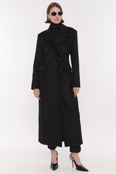 Bria Strong Shoulder Double Breasted Tailored Coat in Jet