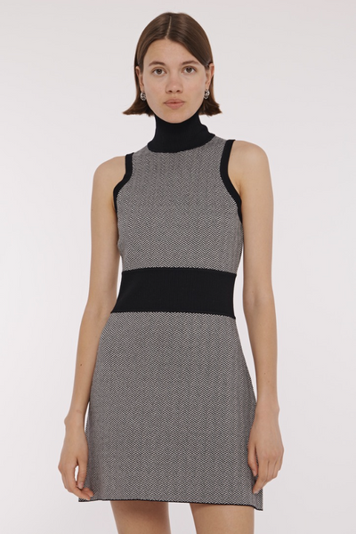 Shelby Sleeveless Mock Neck Dress in Jet/Ivory Herringbone