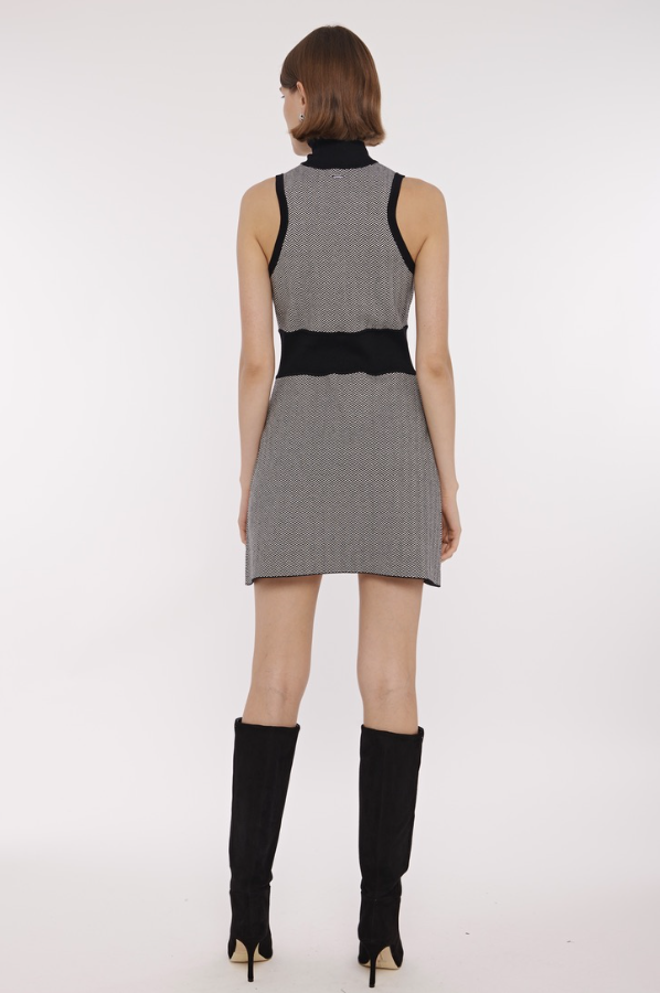 Shelby Sleeveless Mock Neck Dress in Jet/Ivory Herringbone