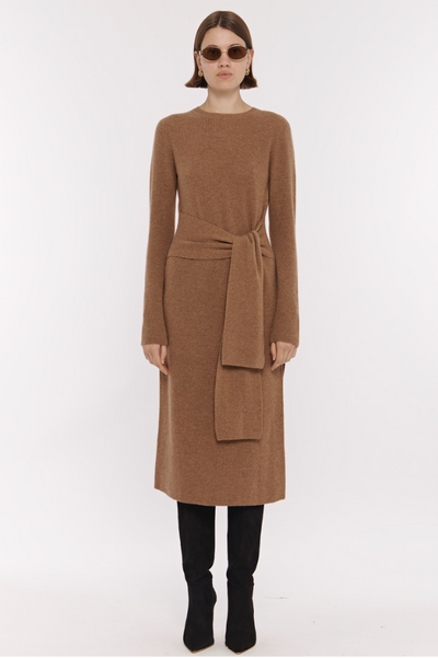 Blakely Crew Neck Tie Front Knit Dress in Tawney