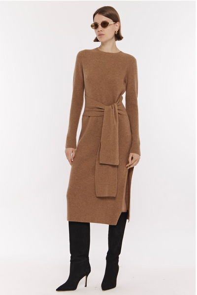 Blakely Crew Neck Tie Front Knit Dress in Tawney