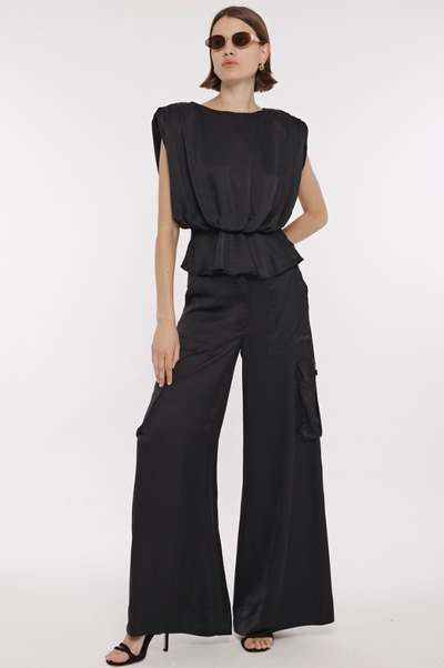 Maia Silky Satin Cargo Pants in Jet