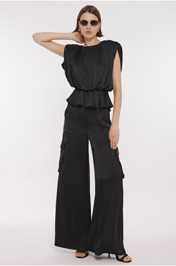 Maia Silky Satin Cargo Pants in Jet