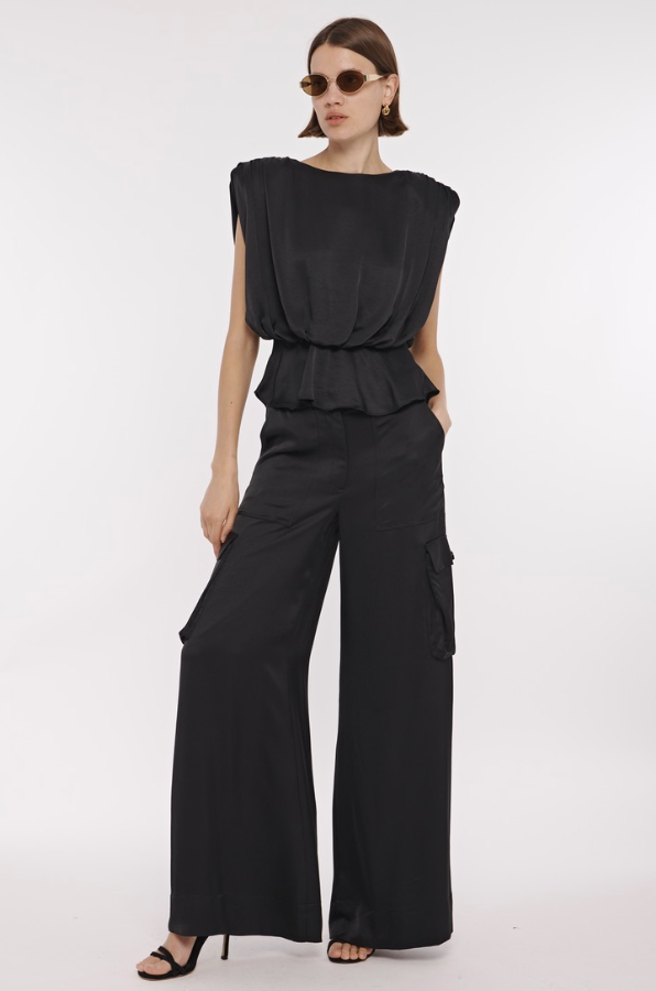 Maia Silky Satin Cargo Pants in Jet