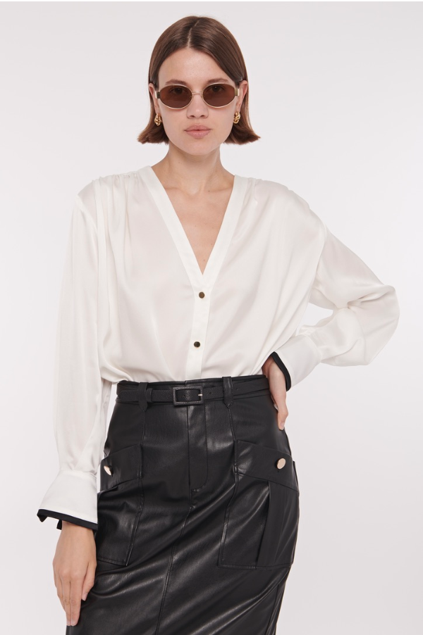 Harmony Double Cuff V-Neck Blouse in Ivory