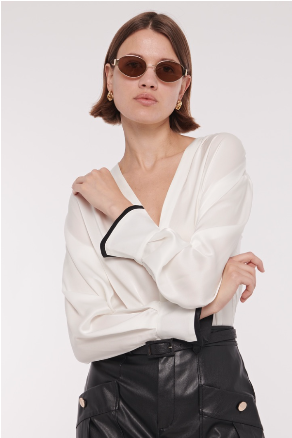 Harmony Double Cuff V-Neck Blouse in Ivory