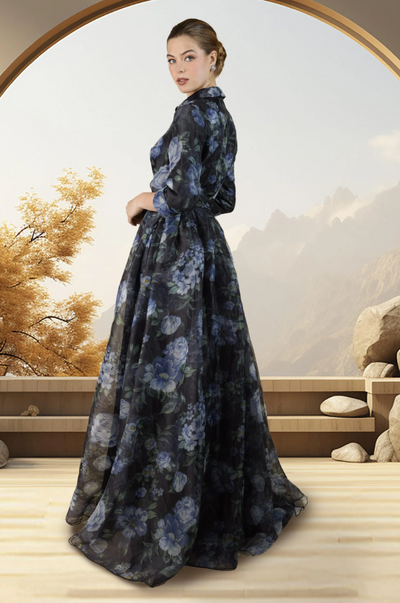 Shirt Collar Gown in Twilight Blossom