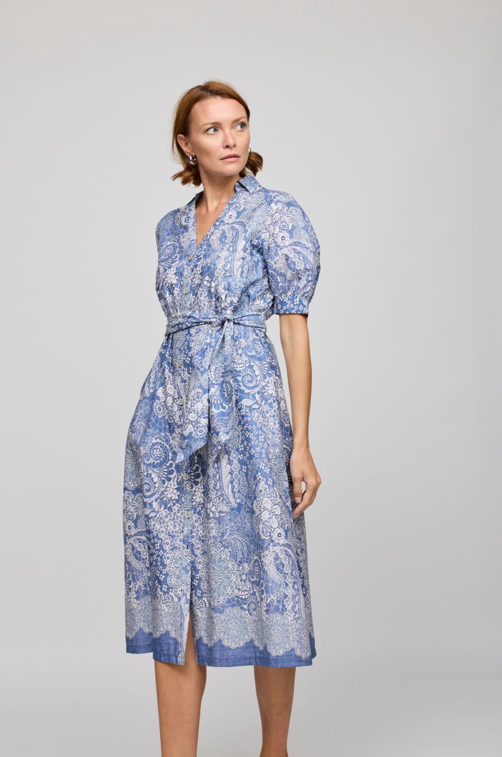 Elbow Sleeve Luca Dress in Blue/Ecru