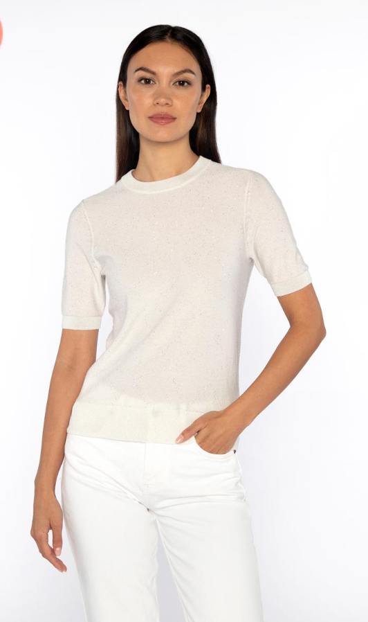 Sequin Short Sleeve Crew in Ivory