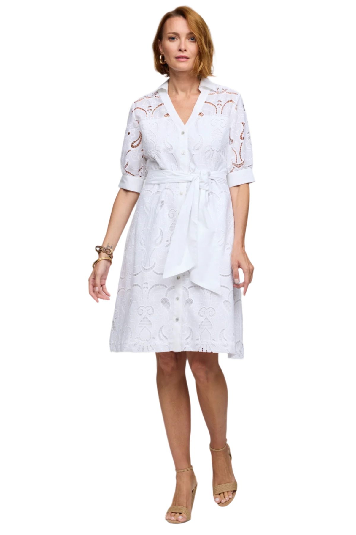 Luca Elbow Sleeve Embroidery Dress in White