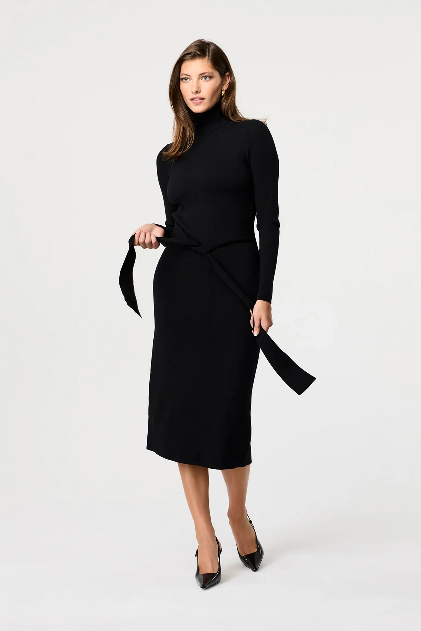 Logan Long Sleeve Tie-Front Turtleneck Dress in Jet