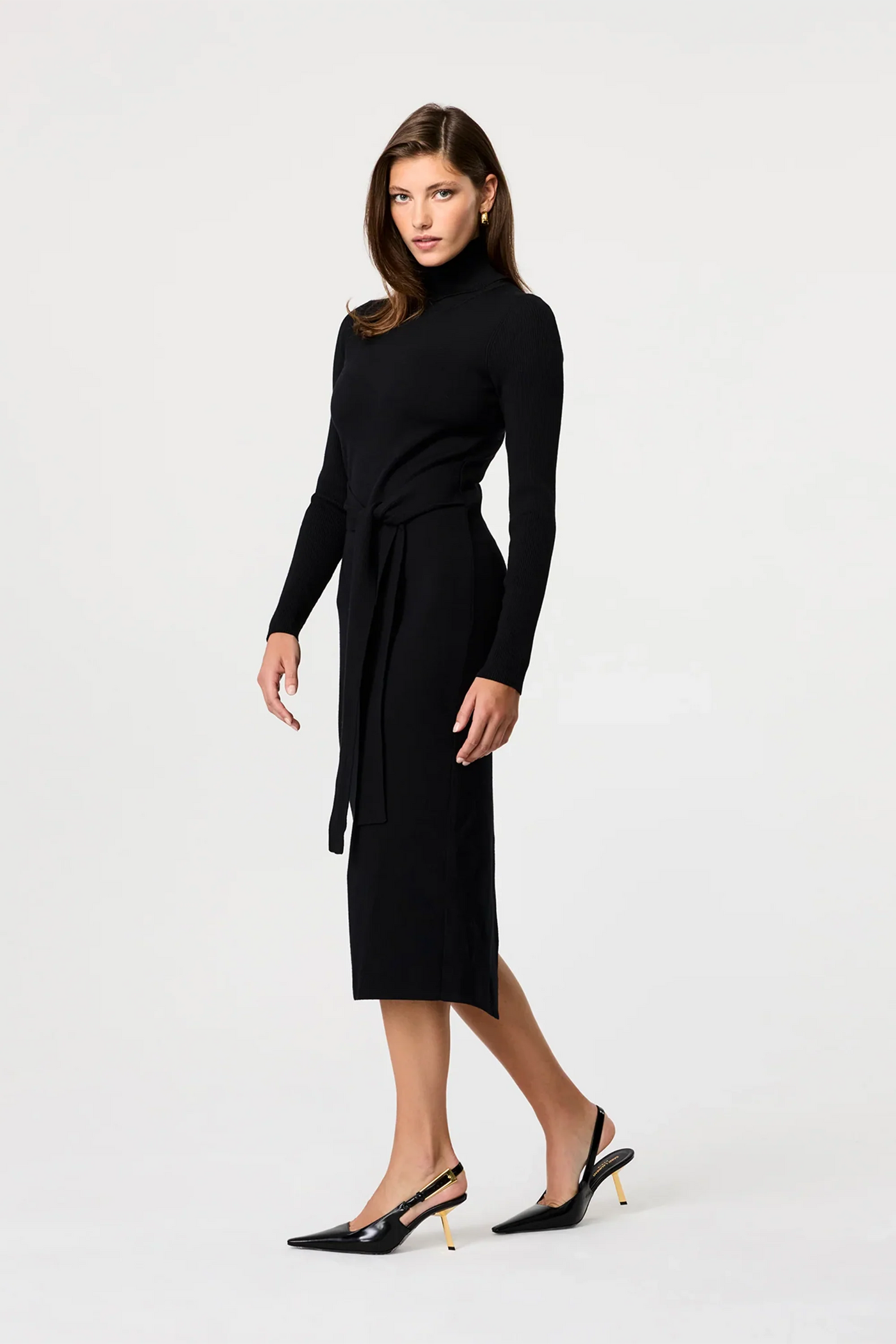 Logan Long Sleeve Tie-Front Turtleneck Dress in Jet