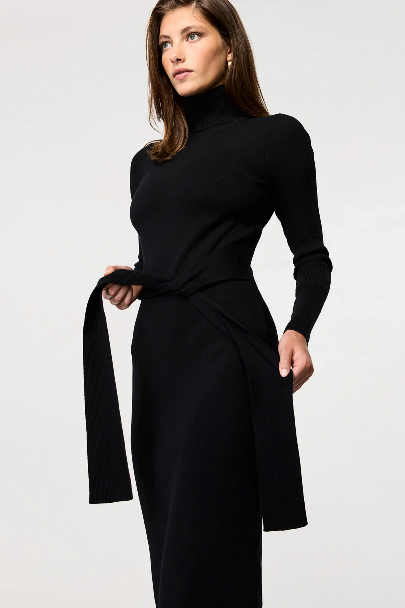 Logan Long Sleeve Tie-Front Turtleneck Dress in Jet