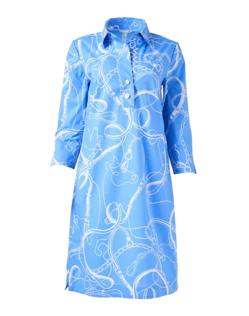 3/4 Sleeve Charlotte Dress in Cerulean/White