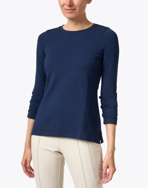 Pima Cotton Ruched Sleeve Tee in Navy