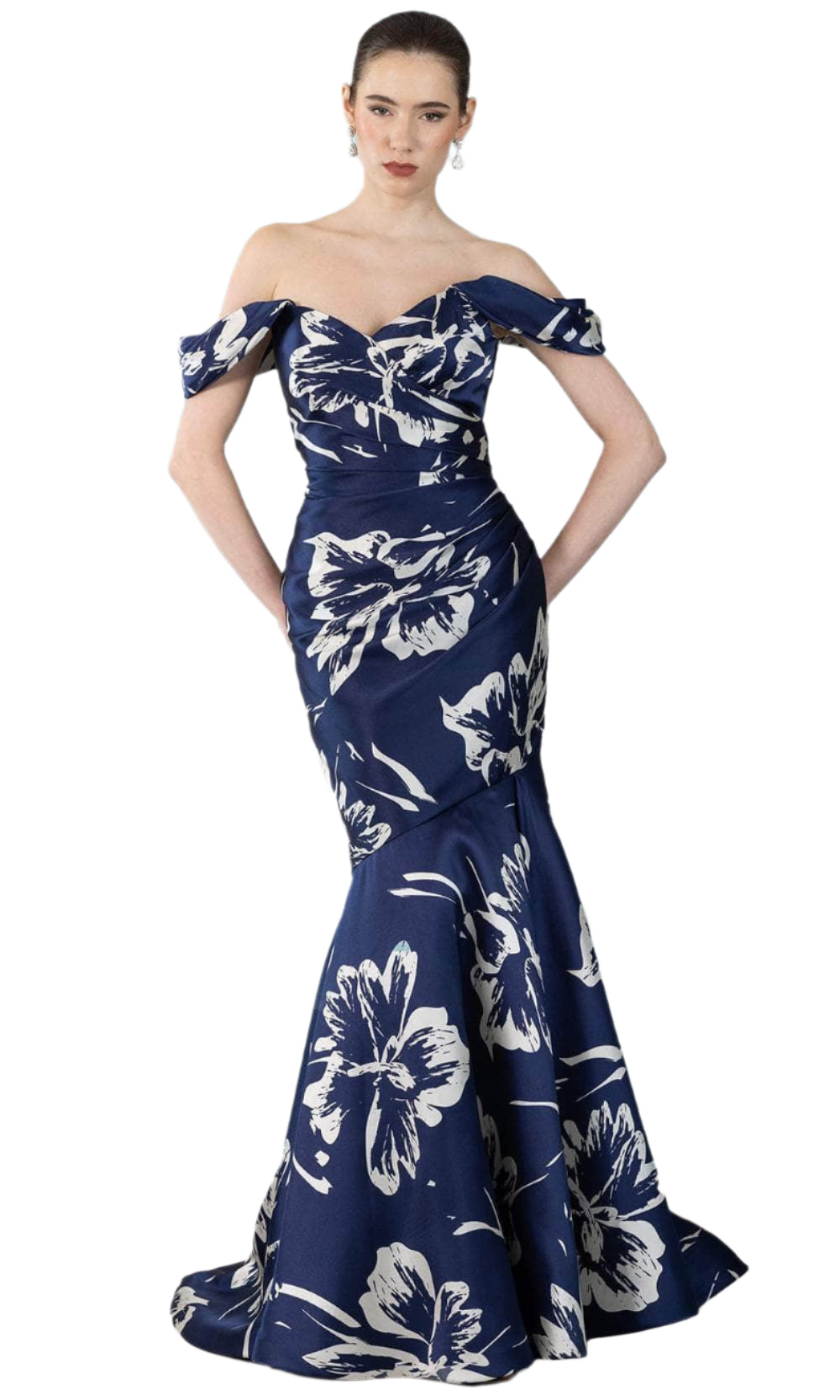 Detachable Sleeves Off-Shoulder Navy Floral Gown