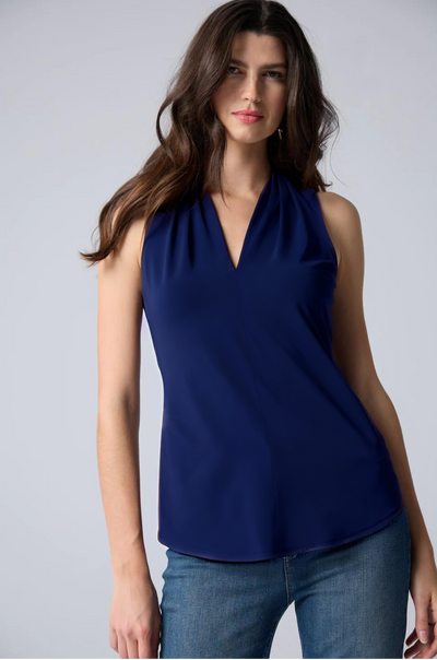 Matte Jersey Sleeveless Pleated V-Neck Top in Navy