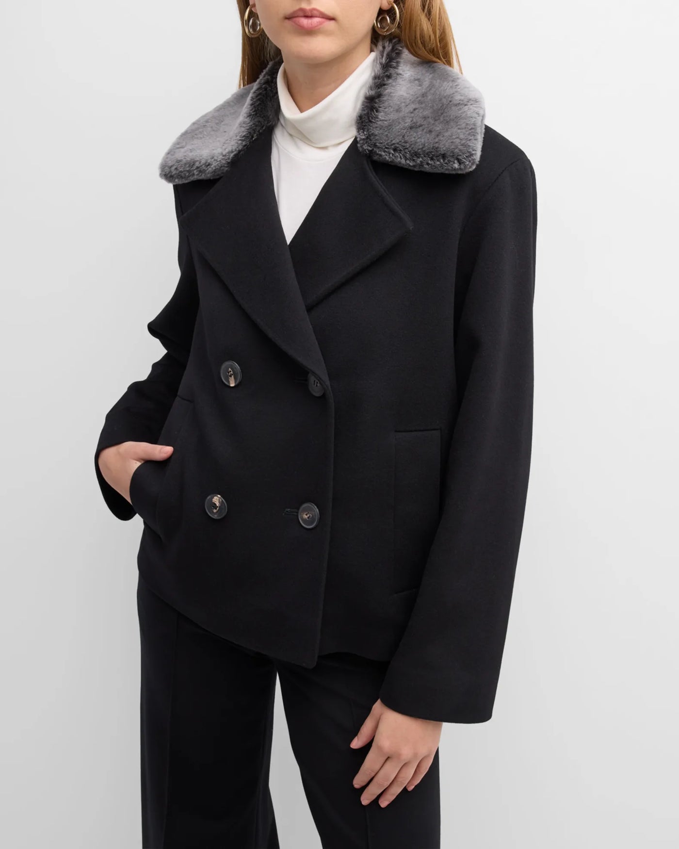 Peacoat with Merino Shearling Collar in Black