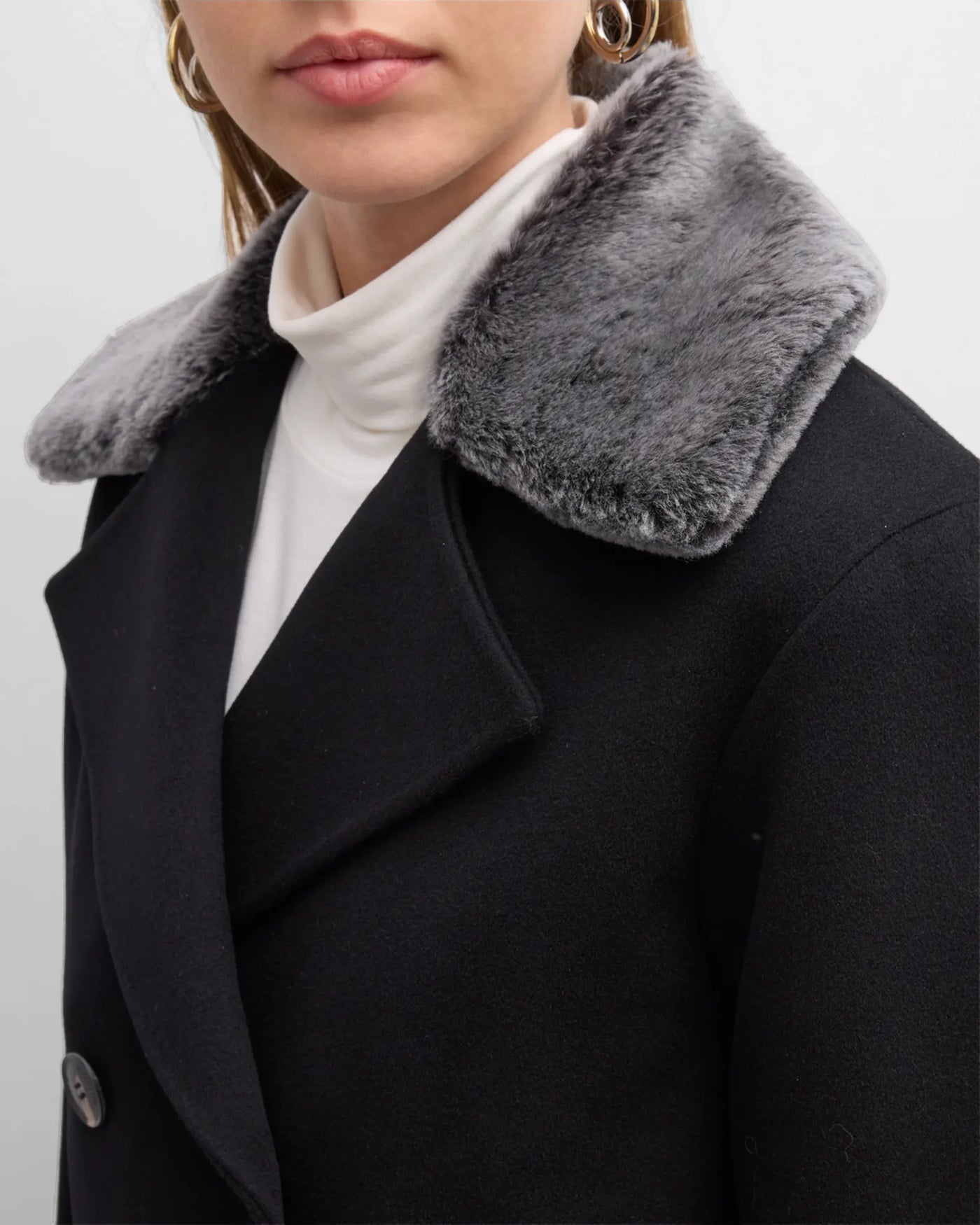 Peacoat with Merino Shearling Collar in Black