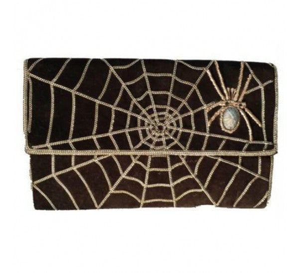 Black Velvet Chain Embroidery Spider Clutch